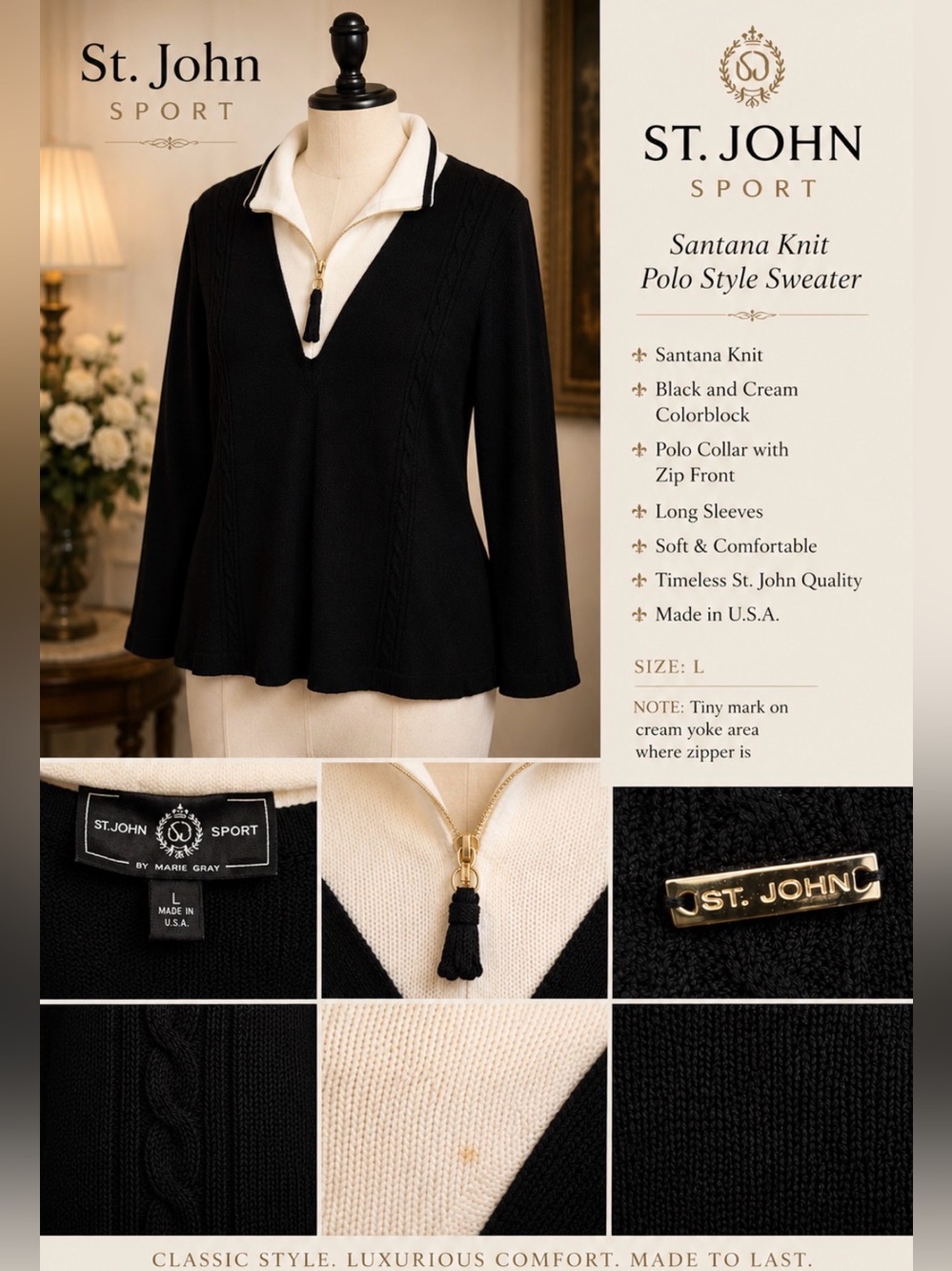 St. John - Santana Knit- Black and Cream Polo style - sweater with Long Sleeves